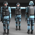 Three SWAT Men in Blue Uniforms with Tactical Vests Helmets Gear Front Side Back Views