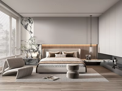 Modern Minimalist Bedroom With Upholstered Headboard Bed Pendant Lights Area Rug Armchair And Window Blinds 3d model