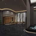 Elegant Modern Lobby Interior With Dark Marble Floor TV Yellow Accent Lines And Ceiling Light Strips