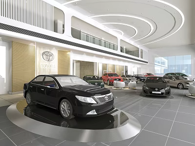 Toyota 4S Store Showroom Featuring Different Colored Display Cars And Spacious Bright Interior 3d model