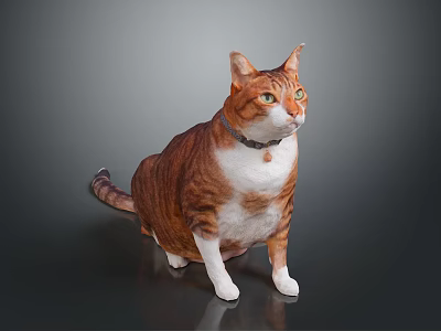 Ginger and White Domestic Cat Wearing Collar Sitting Upright on Dark Background 3d model