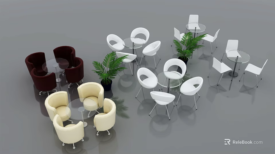 Stylish Table and Chair Sets in White Beige and Brown with Green Plant Decor 3d model 