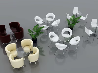 Stylish Table and Chair Sets in White Beige and Brown with Green Plant Decor 3d model