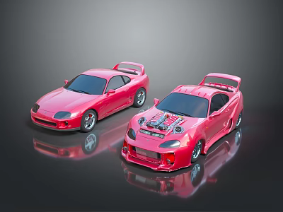 Pink Modified Sports Cars With Rear Spoilers Open Hood And Engine 3d model