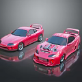 Pink Modified Sports Cars With Rear Spoilers Open Hood And Engine