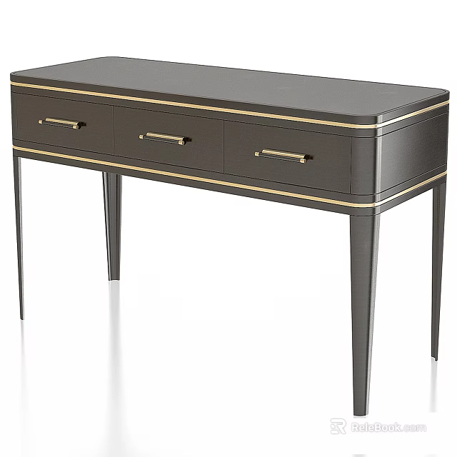 Elegant Modern Dark Dressing Table With Three Drawers Gold Handles And Slim Legs 3d model 
