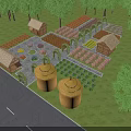 Rustic Garden Landscape Featuring Hay Bales Cottages Neatly Arranged Garden Beds And Lush Green Plants