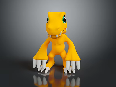 Yellow Creature Toy Figure With Green Eyes Sharp Teeth And White Claws 3d model