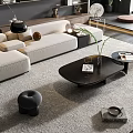 Modern Beige Sofa And Black Coffee Table Set With Rug Potted Plant And Decor Accents