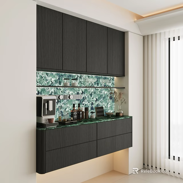Modern Dark Wood Sideboard Cabinet With Green Mosaic Backsplash And Coffee Maker Wine Bottles 3d model 