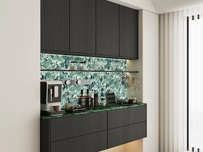 Modern Dark Wood Sideboard Cabinet With Green Mosaic Backsplash And Coffee Maker Wine Bottles 3d model