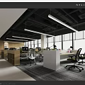 Modern Open Public Office Space With Work Desks Office Chairs Large Windows And Hanging Lights