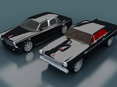 Two Black And Silver Classic Cars With Red Interior Shiny Exterior And Chrome Details 3d model
