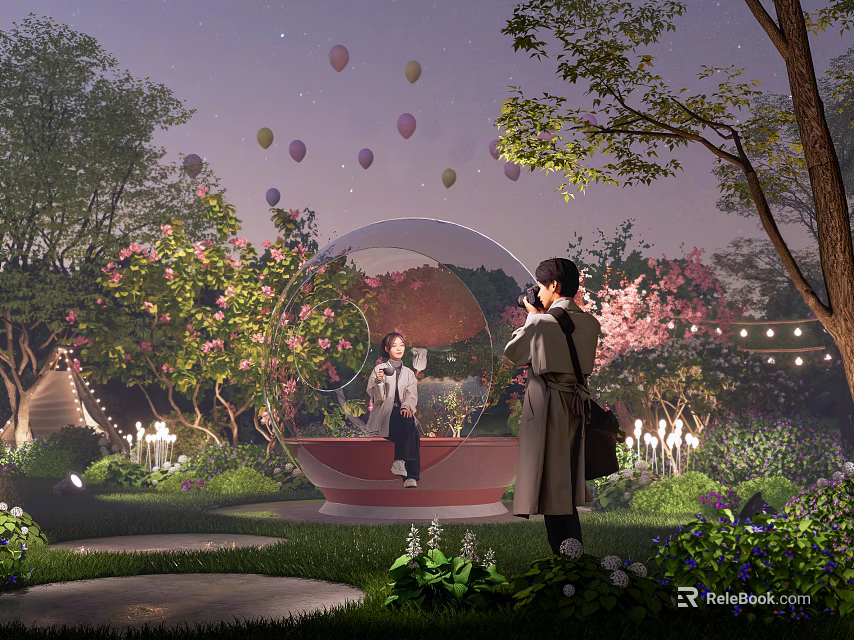 Enchanting Garden Decor With Transparent Bubble House Pink Flowers Trees Balloons And Night Lights 3d model 
