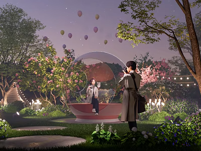 Enchanting Garden Decor With Transparent Bubble House Pink Flowers Trees Balloons And Night Lights 3d model