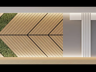 Wooden Accent Wall With Herringbone Pattern Green Plant Decor And White Strips 3d model