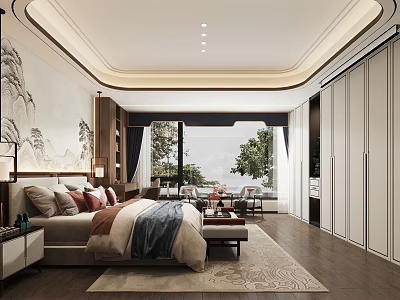 Elegant Modern Bedroom Interior Design With King Size Bed Wardrobe And Scenic Window View 3d model