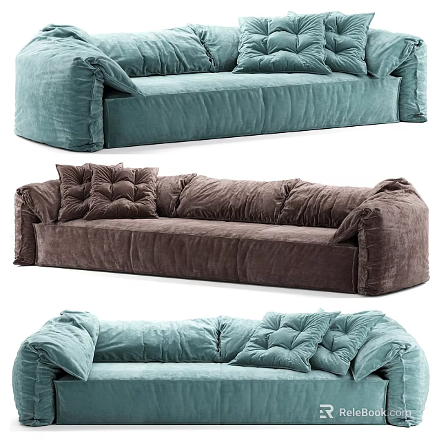 Cozy Modern Sofa Set In Teal And Brown Velvet With Soft Pleated Details 3d model 