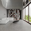 Modern Living Room Interior With Textured Gray Wall Wooden Partition And White L Shaped Sofa