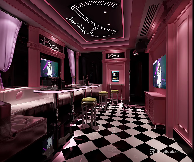 Pink Arcadia KTV Interior With Black And White Checkered Floor Bar Counter And TV Screens 3d model 