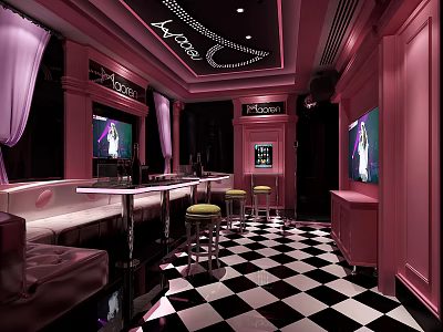 Pink Arcadia KTV Interior With Black And White Checkered Floor Bar Counter And TV Screens 3d model