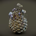 Natural Pine Cone With Small Mushrooms Growing On Its Textured Surface