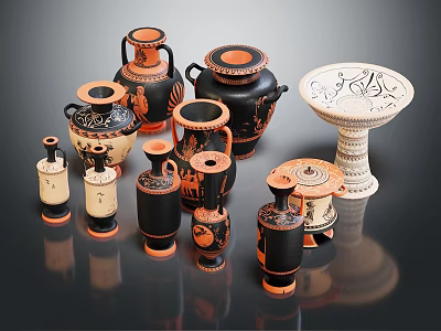 Ancient Greek Pottery Collection With Various Shapes Black Orange Vases And Carved Patterns 3d model