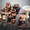 Ancient Greek Pottery Collection With Various Shapes Black Orange Vases And Carved Patterns
