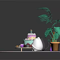 Festive Birthday Cake With Small Desserts Adorable Stuffed Animals On Pink Plate And Decorative Plants