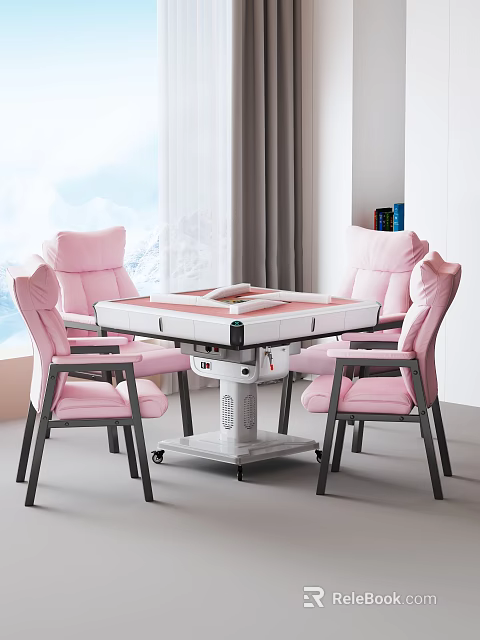 Modern Entertainment Table With White Tabletop And Four Pink Upholstered Chairs In Interior 3d model 