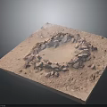 Square Platform Featuring Circular Stone Arrangement On Sandy Ground With Scattered Stones