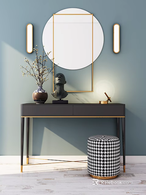 Stylish Console Table with Round Mirror Vase Sculpture and Lamp on Light Blue Wall 3d model 