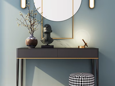 Stylish Console Table with Round Mirror Vase Sculpture and Lamp on Light Blue Wall 3d model