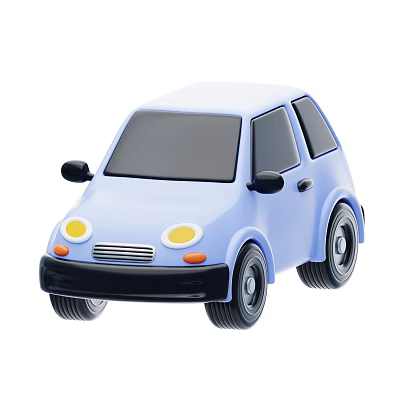 Light Blue Mini Cartoon Car With Yellow Round Headlights And Black Wheels 3d model