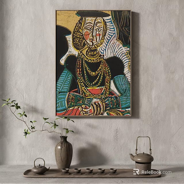 Abstract Figural Painting With Geometric Patterns Vibrant Colors And Golden Elements 3d model