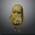 Cartoon Potato With Sad Expression Holding Potato Chips Bag Standing Against Dark Background