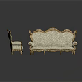 Ornate European Style Sofa Set With Golden Carvings And Light Colored Fabric