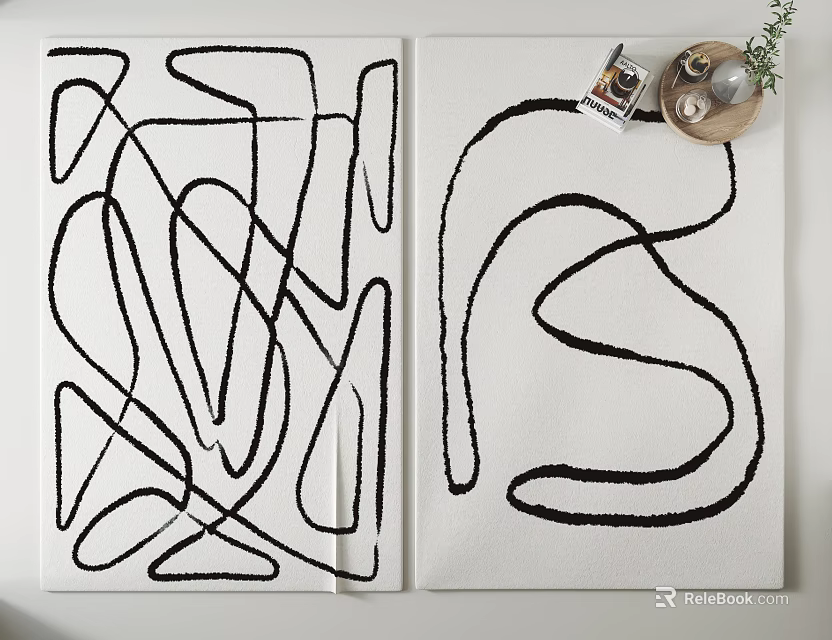 Modern Square Rug with Black Abstract Lines for Contemporary Home Decor 3d model 