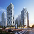 Modern High rise Office Buildings Exterior With Urban Street Vehicles Pedestrians And Sunset Light