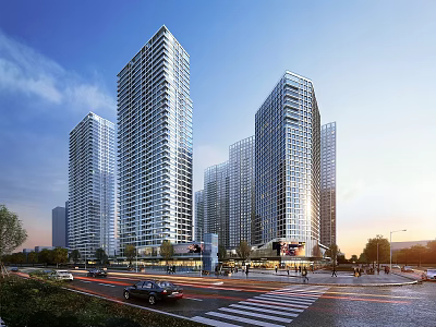 Modern High rise Office Buildings Exterior With Urban Street Vehicles Pedestrians And Sunset Light 3d model