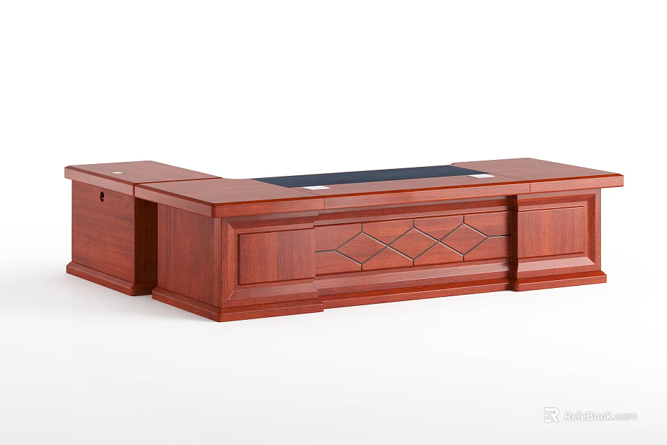 Wooden Office Desk with Drawers Decorative Diamond Patterns and Black Top Surface 3d model 