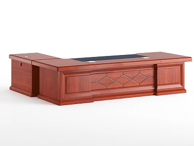 Wooden Office Desk with Drawers Decorative Diamond Patterns and Black Top Surface 3d model