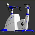 White and Blue Technogym Stationary Exercise Bike with Handlebars and Seat