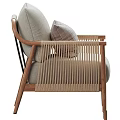 Modern Accent Chair With Wooden Frame Rattan Sides Light Gray Seat And Plaid Pillow