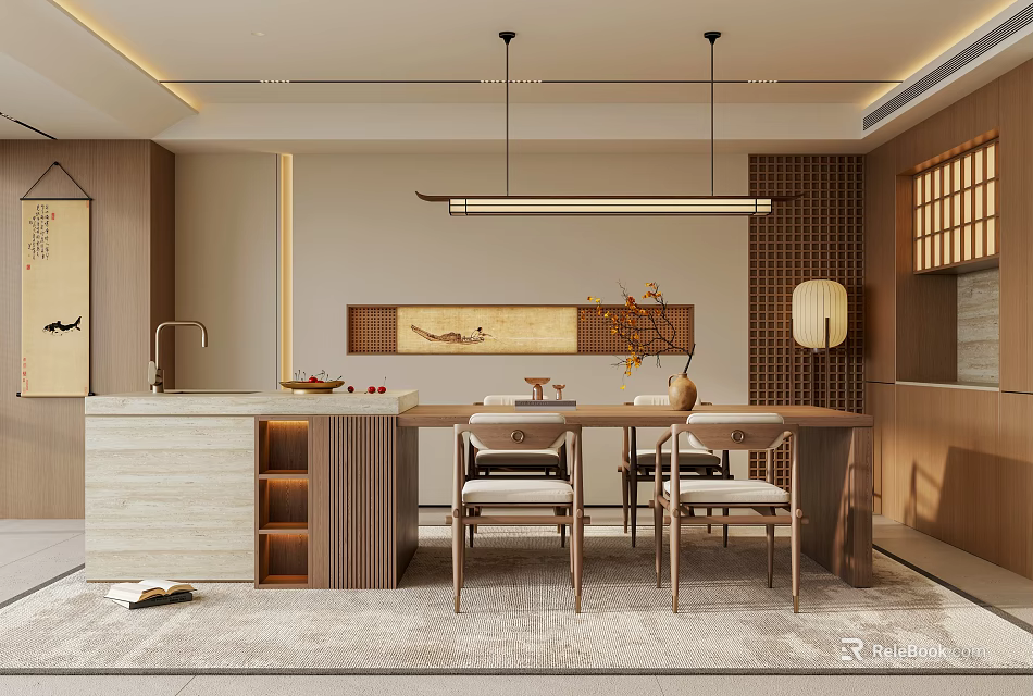 Traditional Chinese Restaurant Interior With Long Dining Table Wooden Chairs Hanging Pendant Light And Screen 3d model 