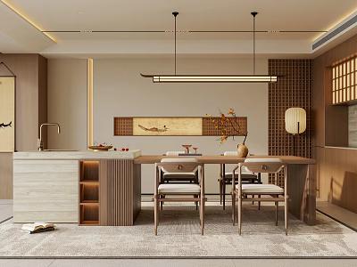 Traditional Chinese Restaurant Interior With Long Dining Table Wooden Chairs Hanging Pendant Light And Screen 3d model