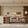 Traditional Chinese Restaurant Interior With Long Dining Table Wooden Chairs Hanging Pendant Light And Screen