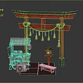 Traditional Japanese Commercial Food Cart With Red Torii Gate Lantern Small Table And Portable Fan