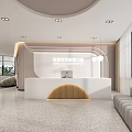 Modern Bright Art Education Center Interior With Pink Wall Curved Reception Desk And Decorative Sculpture