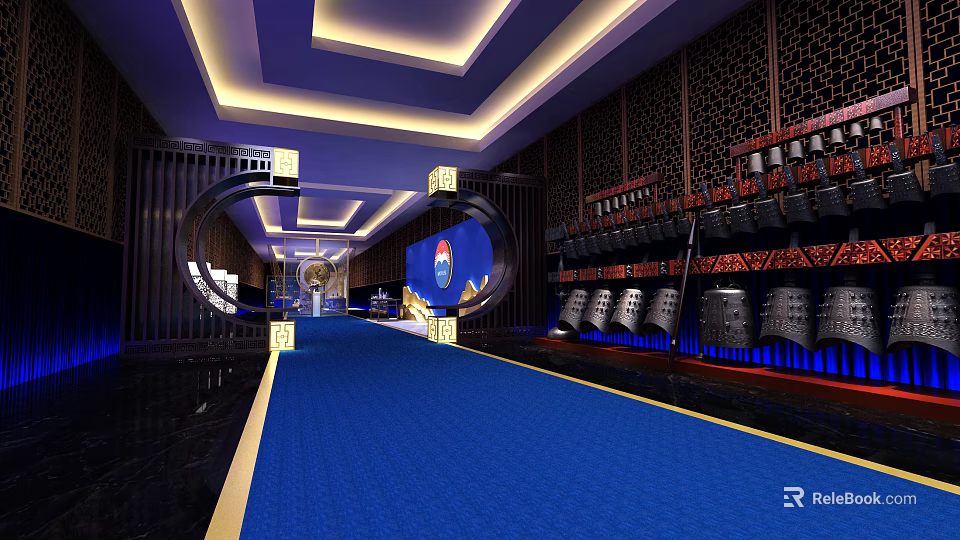 Modern Elevator Hallway Interior With Blue Carpet Ceiling Lighting And Decorative Walls 3d model